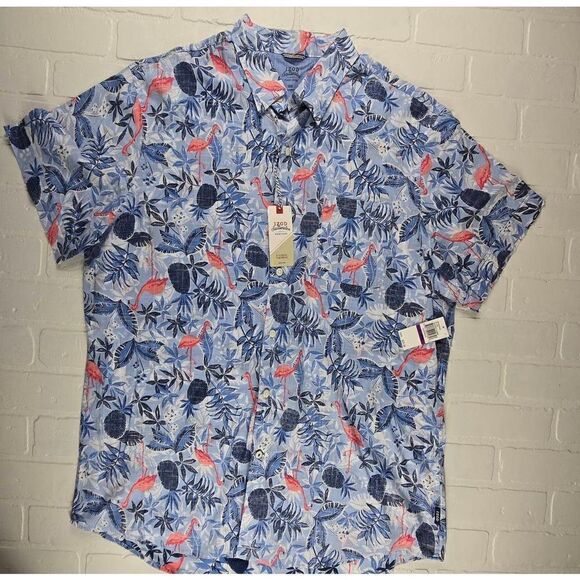 Izod Blue Tropical Print Chambray Button Down Shirt XXL - Picture 1 of 4